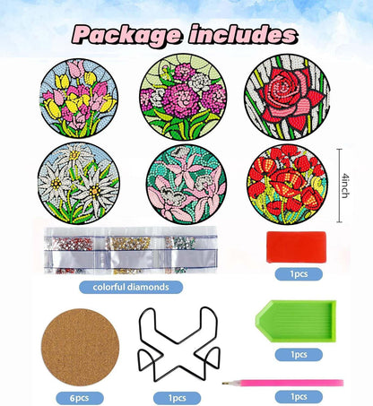 6 Pcs 5D DIY Beautiful Flowers Diamond Paintings Coasters with Holder for Adults Beginners, Round Full Drill Diamond Art Craft Supplies (Flowers QLBD-15)