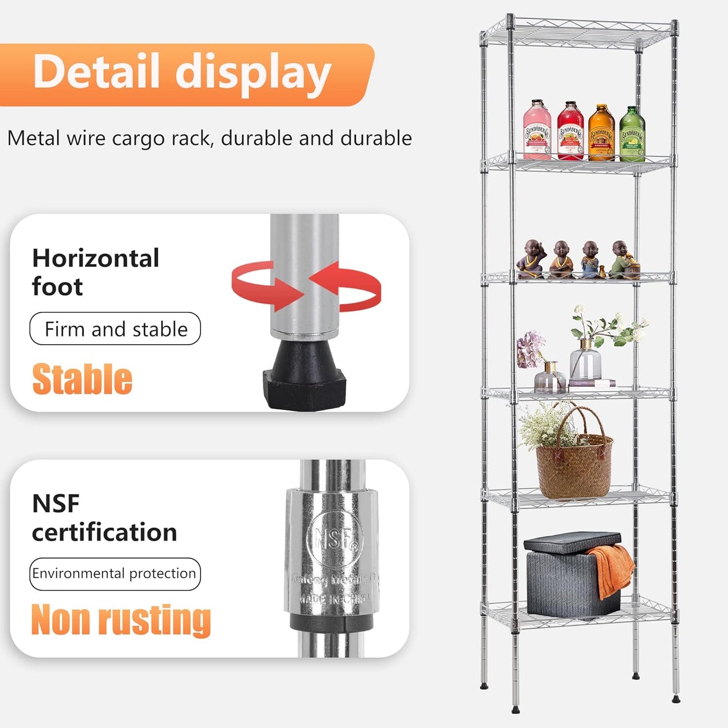 FDW 6 Tier Wire Shelving 17L x 12W x 64H, Adjustable Metal Shelves for Kitchen, Garage, Chrome