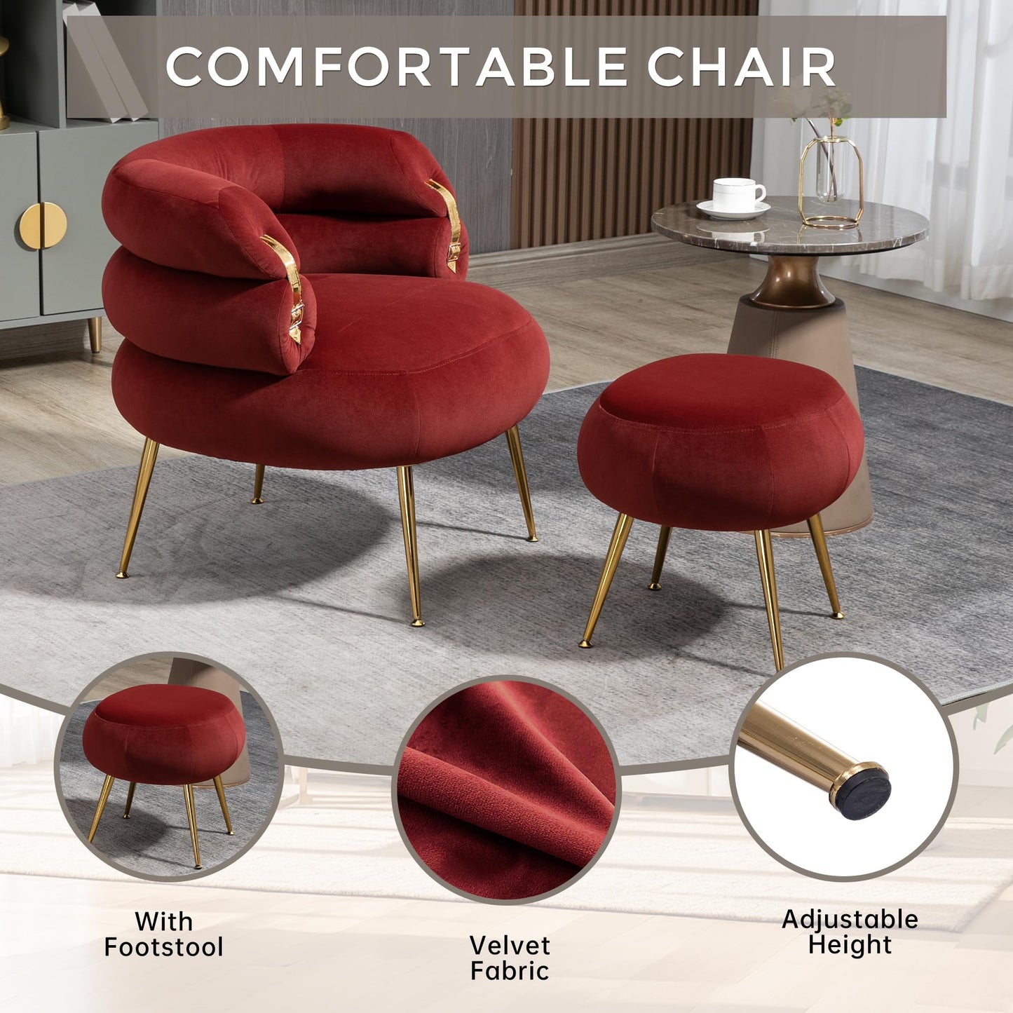 Upholstered Velvet Barrel Accent Chair with Ottoman,Accent Comfy Lounge Arm Chair and Footrest Stool Set,Single Sofa Armchair with Lounge Seat for Bedroom,Office (Wine Red)