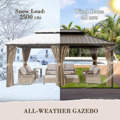 EAGLE PEAK 12x18 Hardtop Gazebo, Galvanized Steel Double Roof with Aluminum Frame, Outdoor Pavilion with Netting and Curtains for Patio, Deck, Lawn and Garden, Dark Brown/Tan