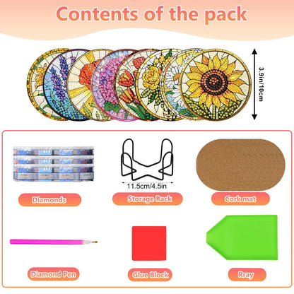 8 Pcs Flower Diamond Art Coasters Kit for Adults, Flowers Diamond Painting Coasters with Holder, 5D Gem Art DIY Crafts Diamond Dots for Gift Life