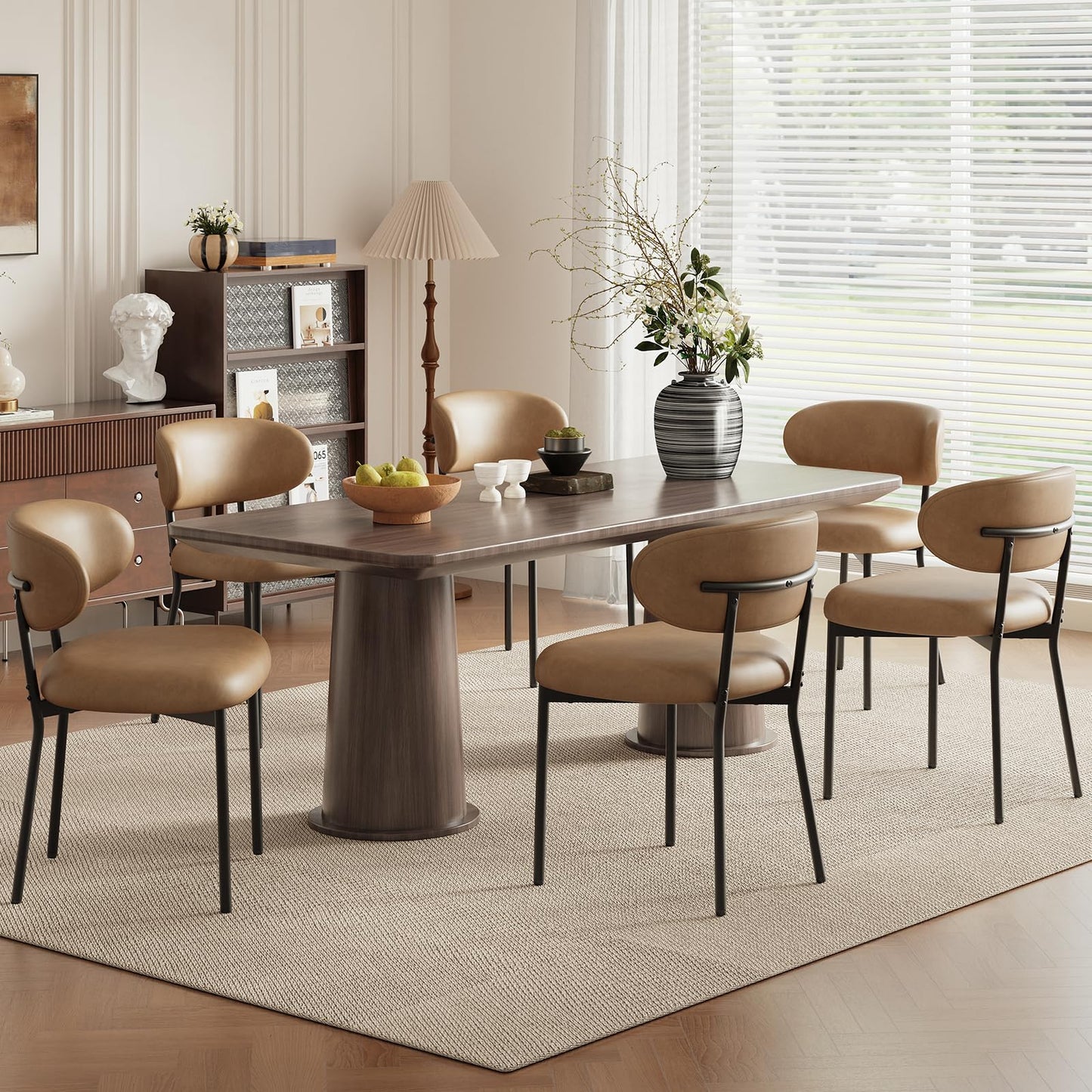 Upholstered Dining Chairs Set of 6, Modern Faux Leather Kitchen Chairs with Curved Backrest and Cushioned Seat, Sturdy Metal Legs, Modern Dining Chairs for Kitchen Dining Room, Living Room,Brown
