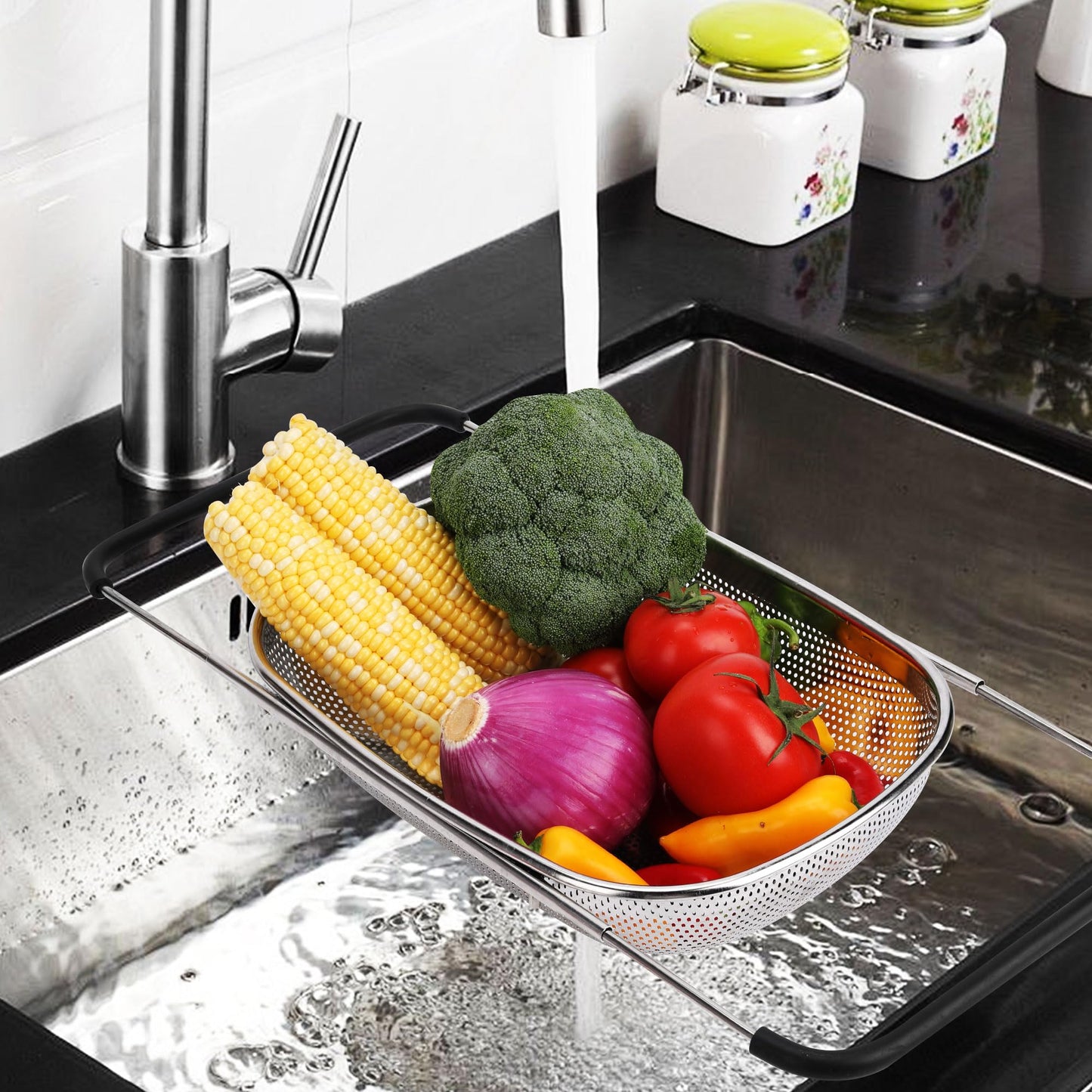 ZDRongZhen Kitchen Accessories Over the Sink Colander Strainer Basket，Stainless Steel Colander with Expandable Rubber Grip Sink Drainer-Rinse Vegetables Fruits &Strain&Drain (Large-Dense round hole)