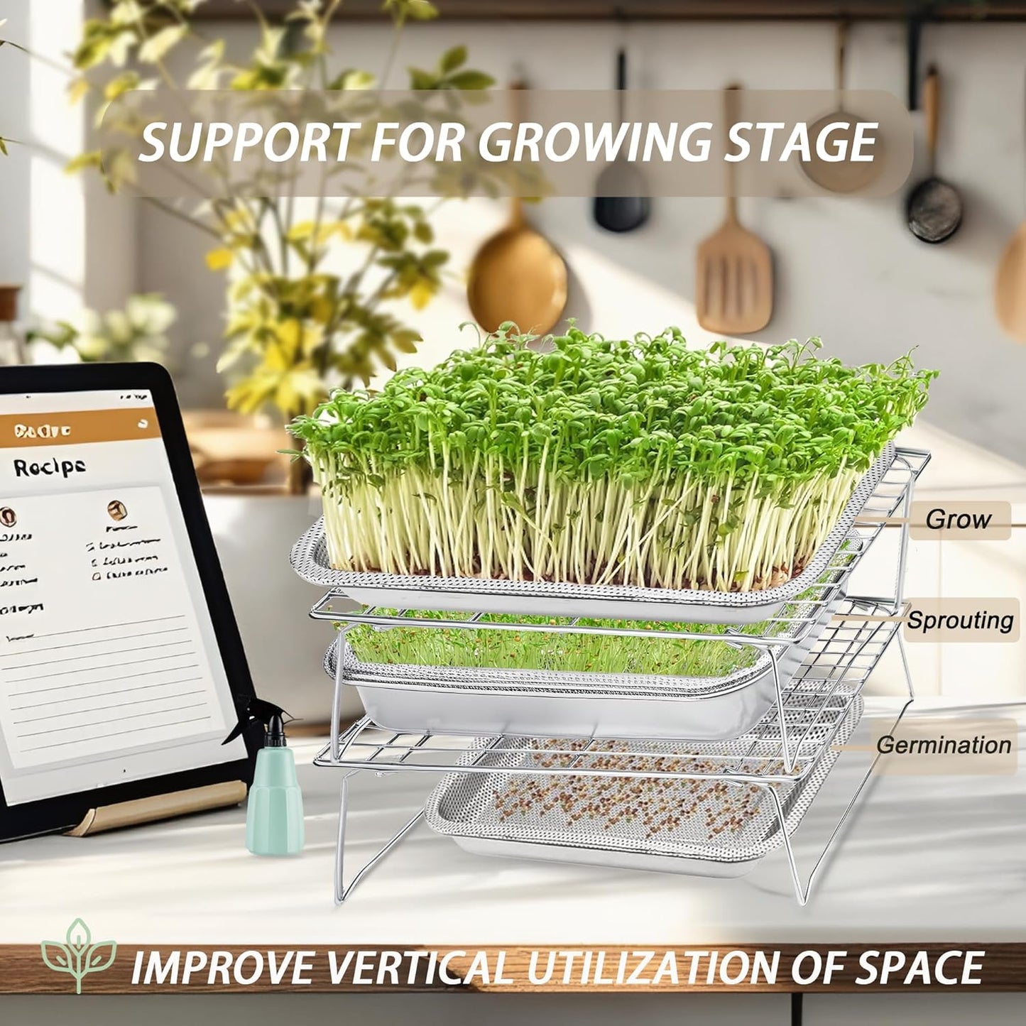 2-Tier 14 inch Sprouts Growing Rack Shelf, Metal Foldable Plant Stand for Sprouting Tray Indoor, Seed Starting Tray