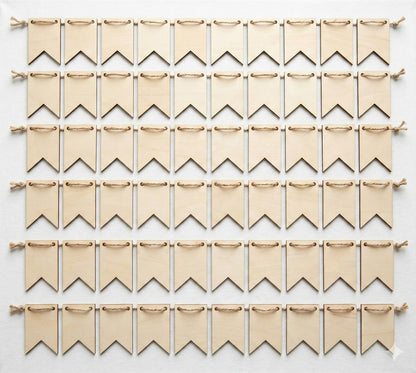 Oojami 50-Pack Unfinished Wood Banner Flags with Twine – Natural Wooden Pennant Ornaments for Crafts, Painting, Wood Burning, and Laser Engraving – Custom Blank Garland Kit for Party & Event Decor