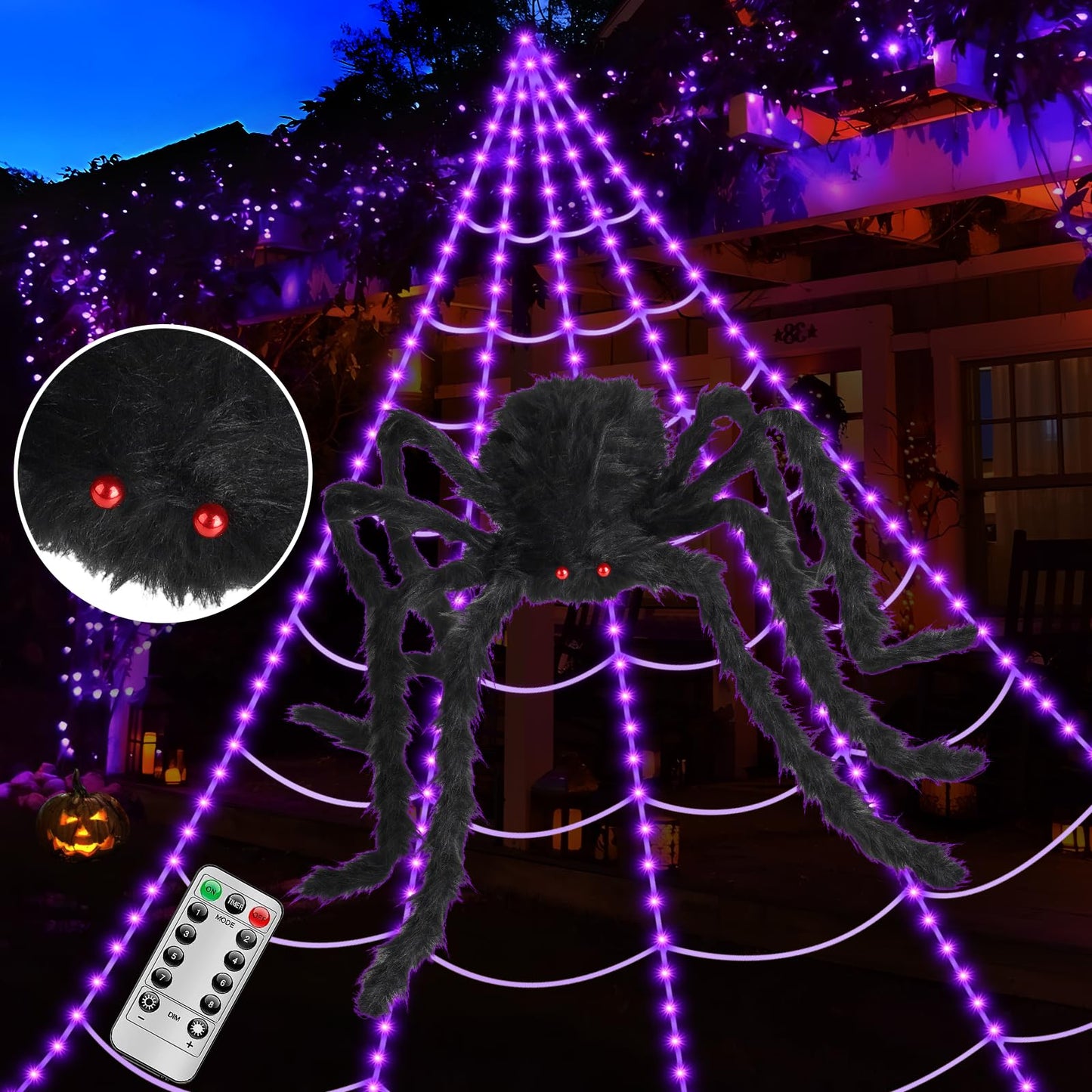 3D HD Dynamic Giant Spider Halloween Projector+Brighter Spider Webs Lights Set,250 Purple LED Light Up,8 Modes 16.4Ft Giant Spiderweb with Remote Control,with 48'' Giant Spider