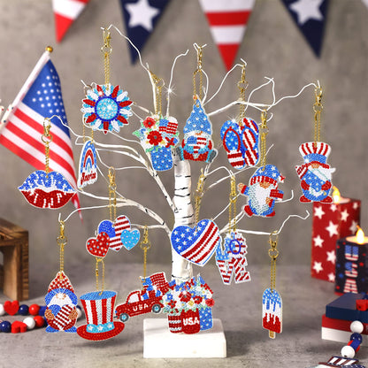 Sasylvia 16 Pcs 4th of July Diamond Painting Keychains Patriotic Diamond Art Kit Gnome Painting Ornaments American Flag Red Blue White DIY Craft 250th Anniversary Decorations for Adult