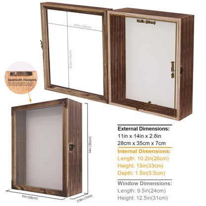 JINGJIAN 11x14 Shadow Box Frame Extra Deep 2.7 Inch, Solid Wood Display Case with Shatterproof Acrylic Door, Retro Lock, 10 Pins for Wedding Bouquet, Medals, Memorabilia