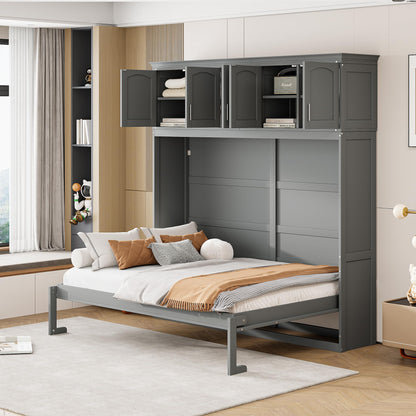 Favfurish Full Size Murphy Bed Wall Bed with Top Cabinets,Hidden Platform Bed Chest W/Wood Slats Support,Space-Saving,Easy Assembly,for Bedroom,Guest Room,Home,Office,Gray