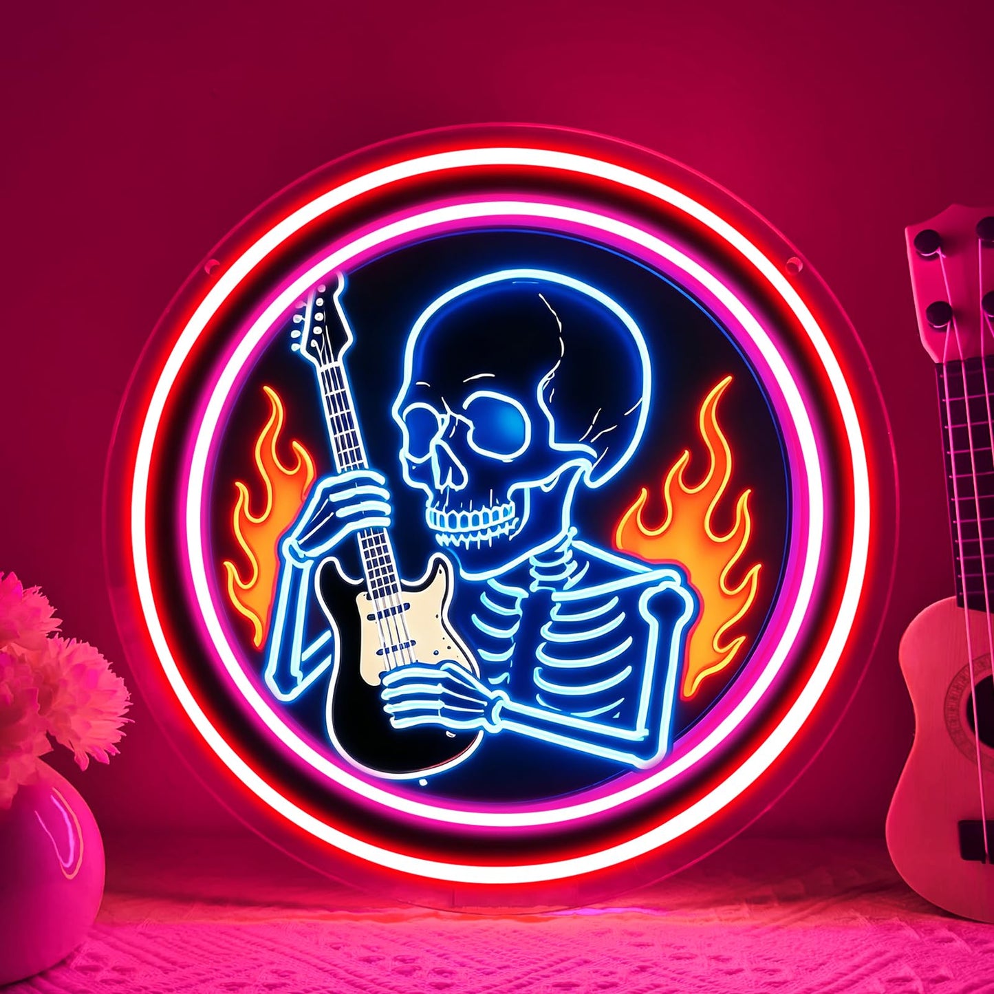 Skeleton Guitar Neon Sign - Gothic Neon Sign for Gothic Room Decor,Rock and Roll Neon Signs for Music Studio Decor, Bar, Man Cave Gamer Room Decor,Halloween Decor