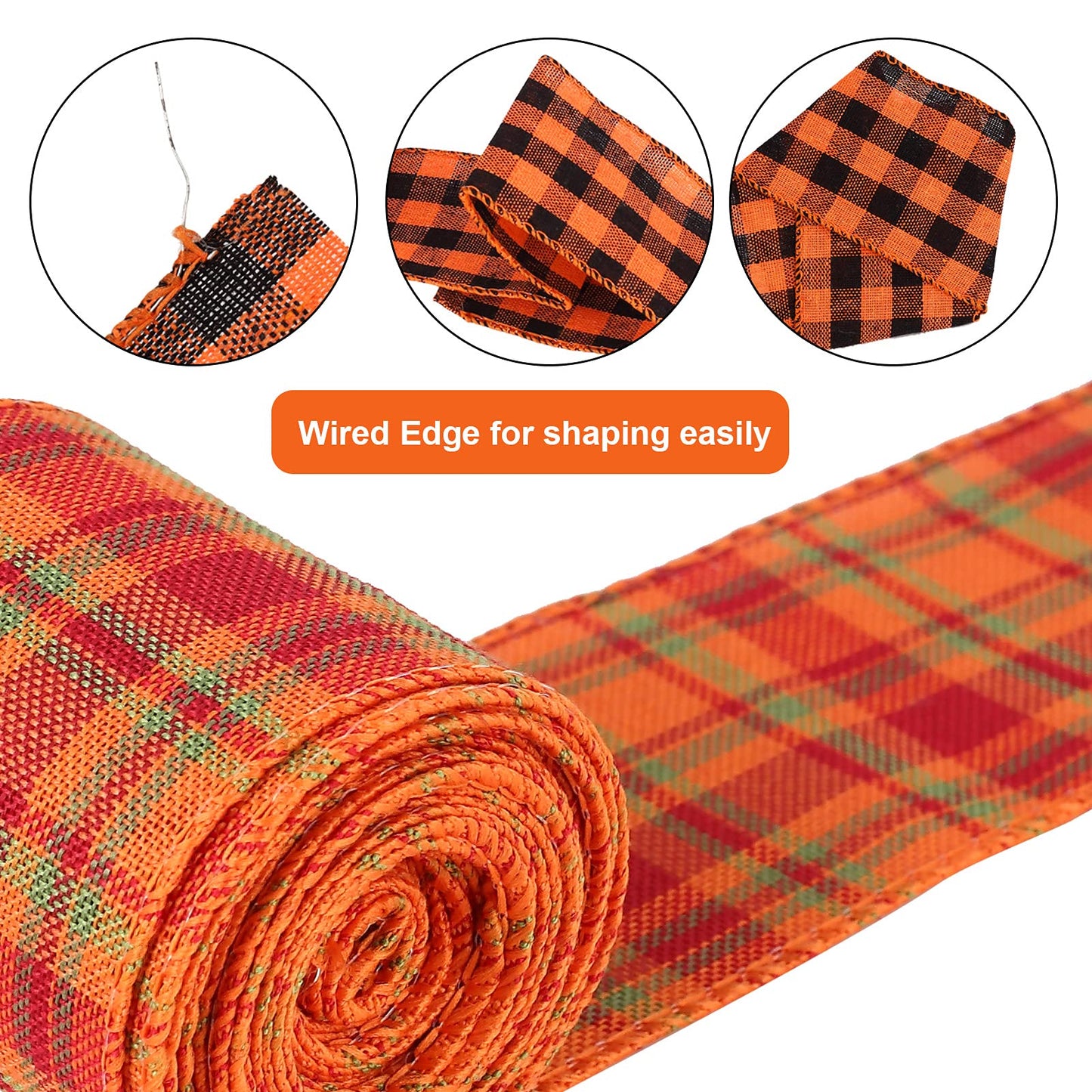 6 Rolls 30 Yards Fall Burlap Ribbon, 2.5 Inch Wired Edge Ribbon with Buffalo Plaid and Pumpkin Pattern for Thanksgiving Crafts, Wreaths, Bows and Gift Wrapping