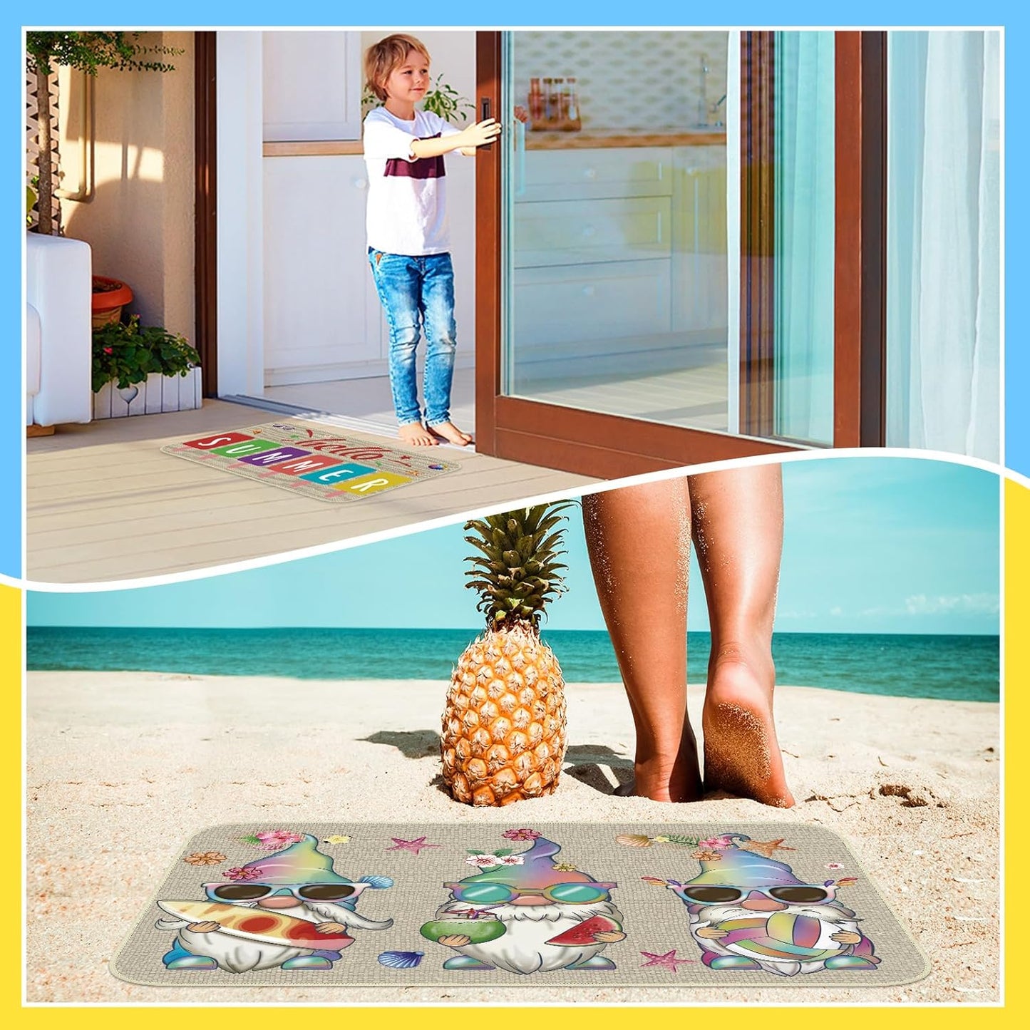 Zhanmai 3 Pcs Hello Summer Door Mat - 23 x 15 Inch, Gnome Decorative Doormat, Non-Slip, Rubber Outdoor Rugs for Summer