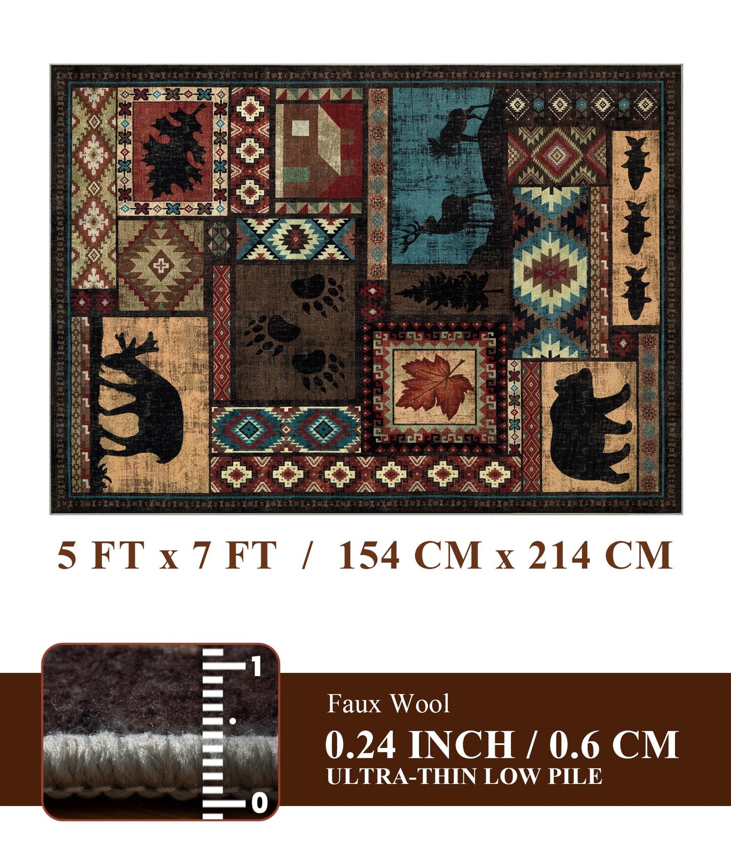 YIHOUSE Rustic Cabin Area Rug 5x7,Machine Washable Lodge Bear Rug,Non-Slip Low Pile Print Pattern Southwestern Rug for Living Room Bedroom