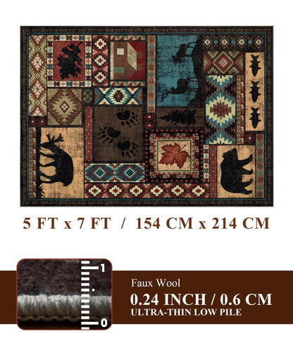 YIHOUSE Rustic Cabin Area Rug 5x7,Machine Washable Lodge Bear Rug,Non-Slip Low Pile Print Pattern Southwestern Rug for Living Room Bedroom