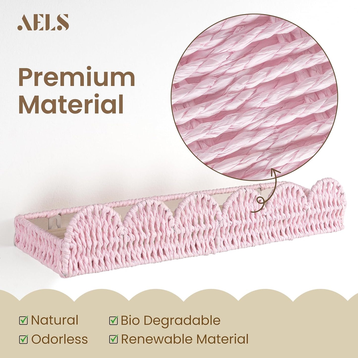 Set 4, AELS Scalloped Nursery Bookshelf, of Picture Ledge Shelf for Wall Decor, Woven Natural Fibre Floating Shelves
