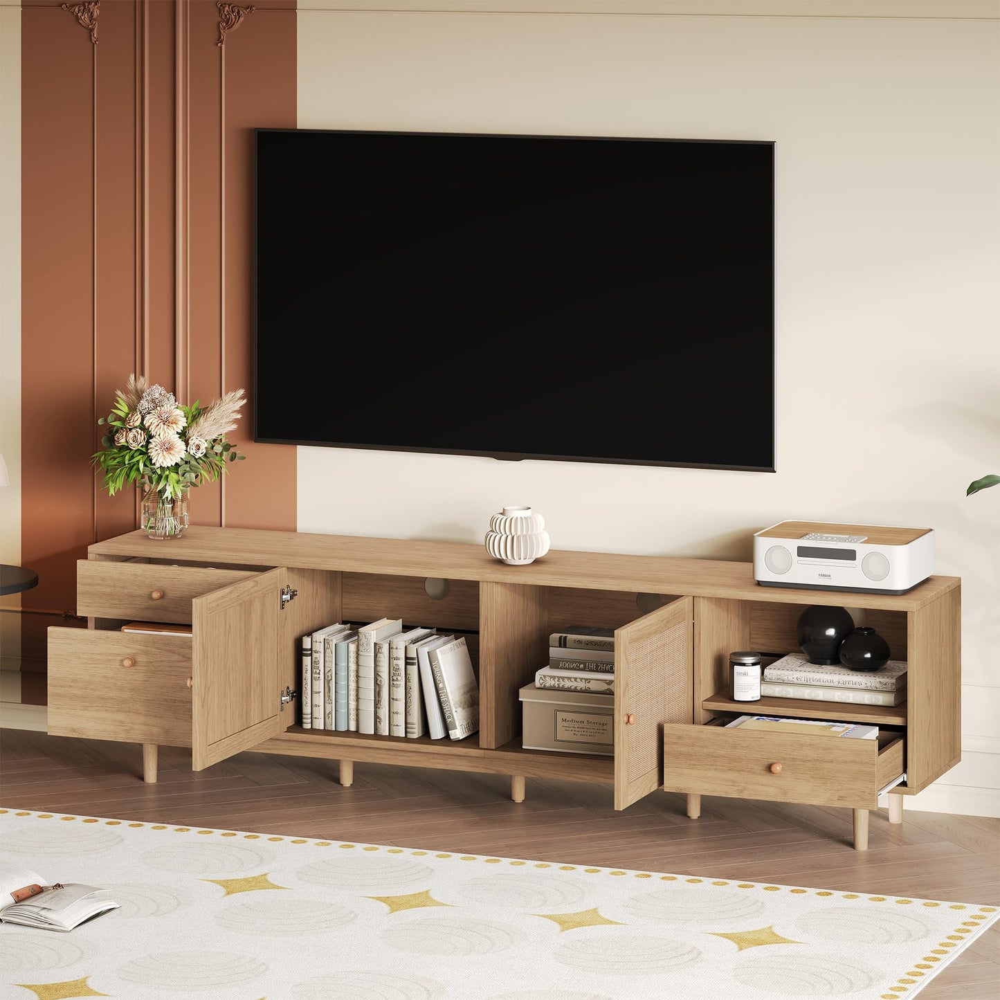 Ball & Cast 76" Boho TV Stand for TVs up to 85", Media Console with Real Rattan Doors, Open Shelf, 3 Drawers & 2 Cabinets, Natural Wood Grain Entertainment Center w/Solid Wood Legs for Living Room