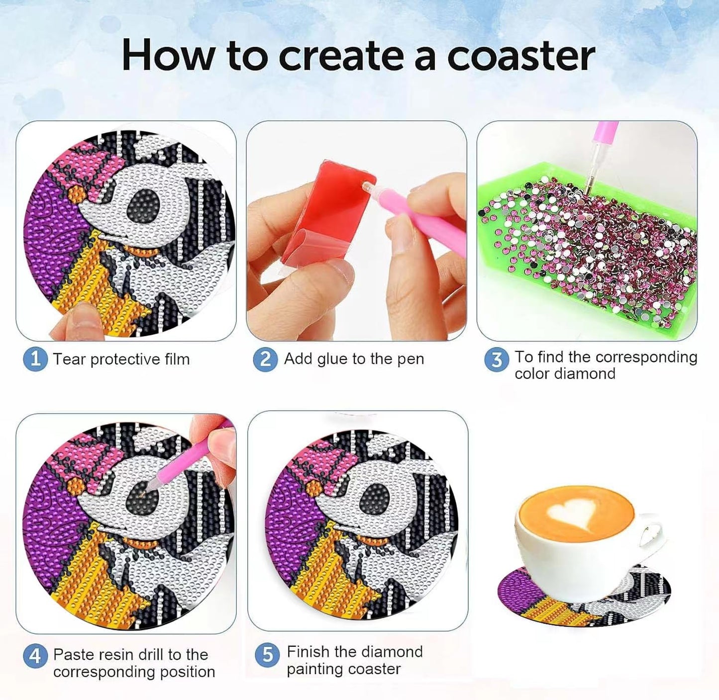 6 Pcs 5D DIY Diamond Art Painting Christmas Cartoons Coasters with Holder,DIY Coaster Diamond Art Kits for Adults Beginners, Round Full Drill Diamond Art Craft Supplies QLBD-06