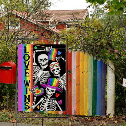 Dyrenson Pride Love Wins Rainbow Gothic Skeleton 28 x 40 House Flag Double Sided, Skull LGBTQ Gay Lesbian Garden Yard Decoration, LGBT Bisexual Pansexual Burlap Outdoor Decor Decorative Large Flag