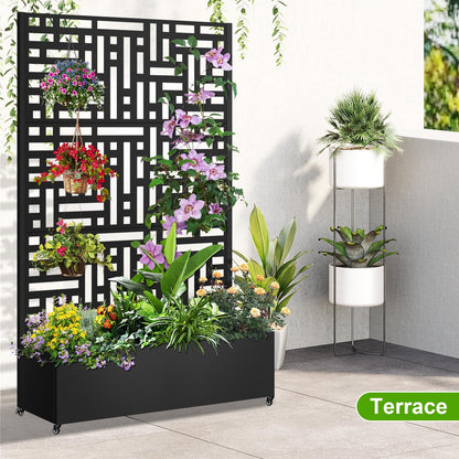 Meyoppm 72"x47"x16" Metal Planter Box with Trellis, Galvanized Steel Raised Garden Bed with Lockable Casters & Drainage Holes, Outdoor Large Planter Box for Climbing Plants, Vegetables & Flowers