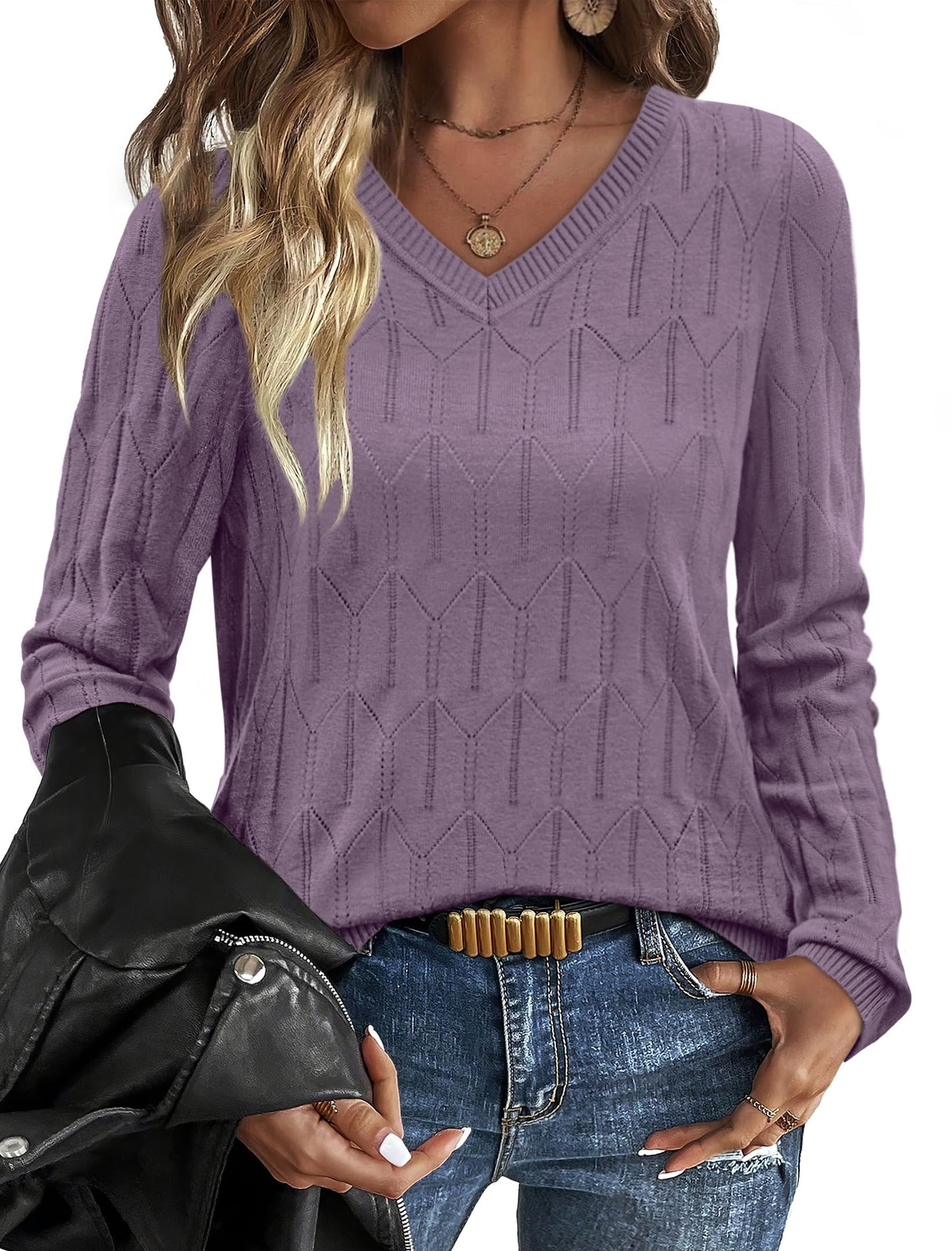OFEEFAN Womens Sweaters Long Sleeve Shirts Fall Outfits 2025 V Neck Soft Knit Pullover Trendy Tops Dressy Casual Blouses