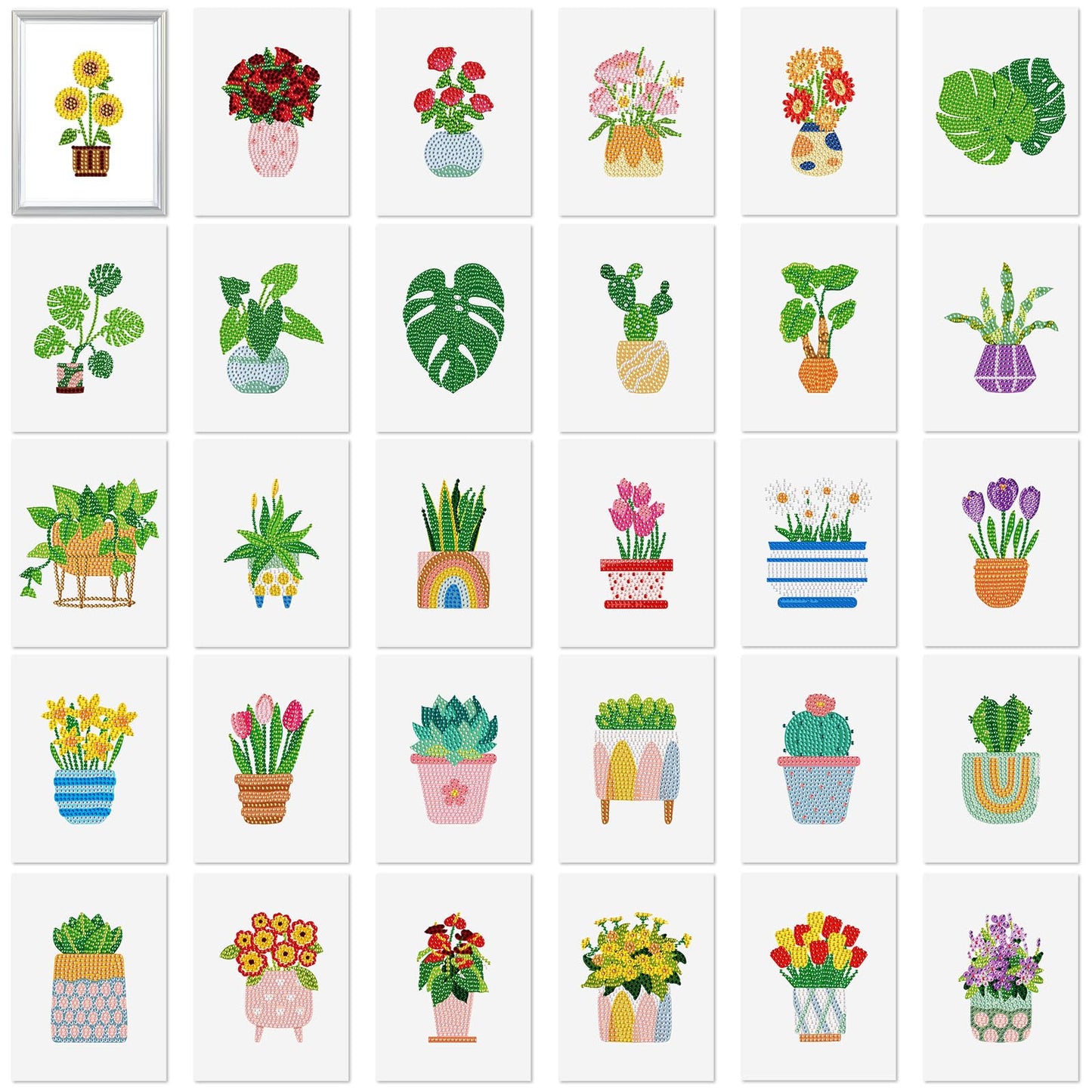 Xuhal 30 Pcs Mini Diamond Art Kits for Adults, Small Diamond Painting Kits, Green Plant & Floral Potted Mini Diamonds Painting Kit 5d DIY Rhinestones Crafts with Cardboard for Beginner Gifts