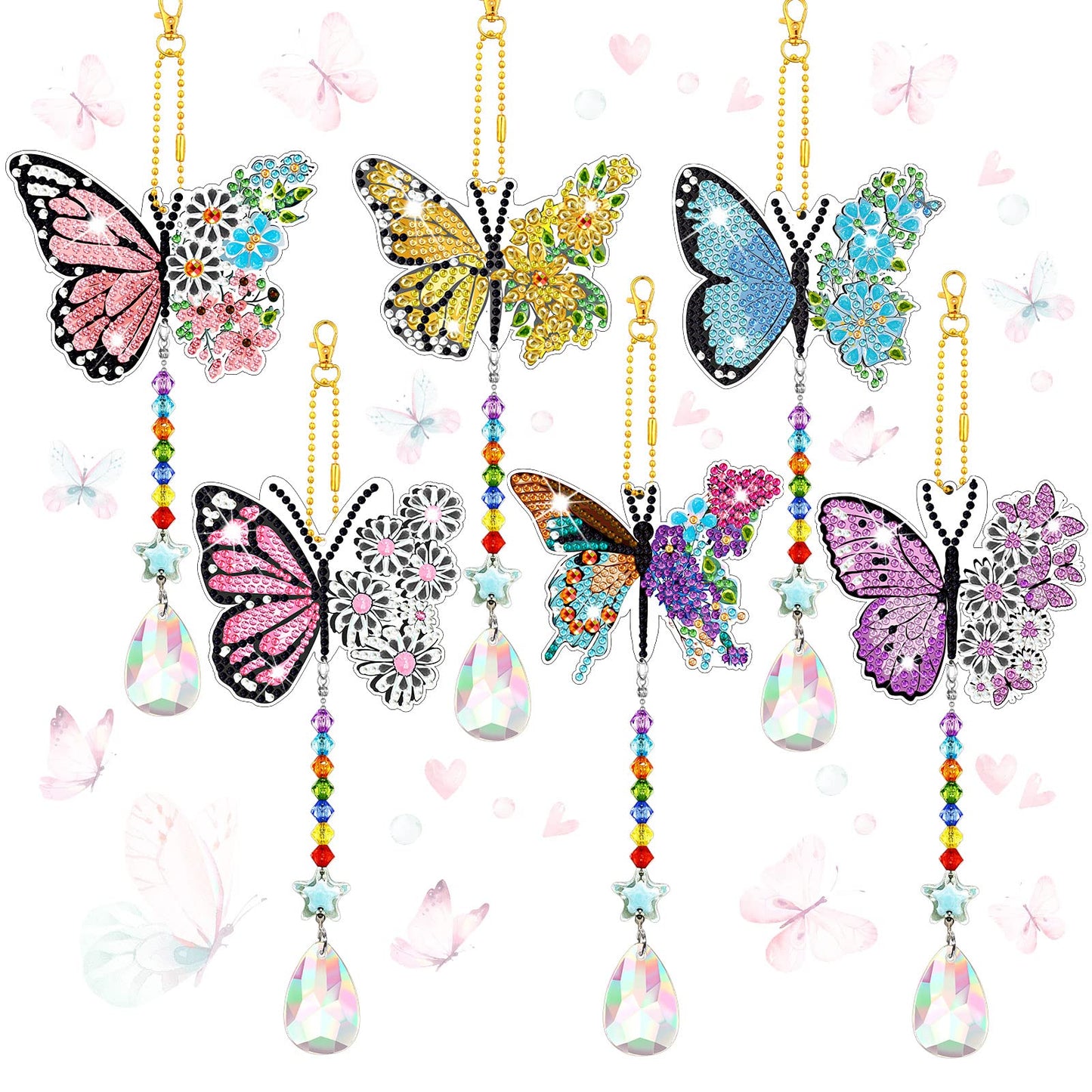Tradder 6 Pcs Spring Butterfly Diamond Painting Wind Chimes Diamond Painting Suncatcher Art Kit Double Sided Butterfly Ornaments 5d Rhinestone for Spring Home Garden
