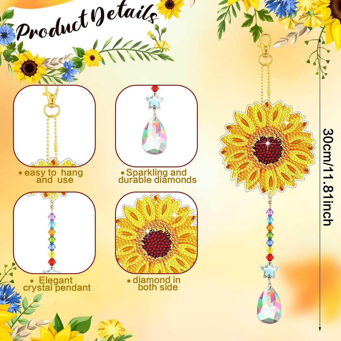 Tradder 6 Pcs Sunflower Diamond Art Kits Suncatchers for Adults Sunflower Wind Chimes Double Sided Butterfly Ornaments with Crystal Pendant for Adults DIY Summer Home Garden Hanging Ornament