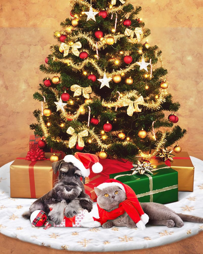 COOLWUFAN 60 Inches Faux Fur Christmas Tree Skirt for Xmas Tree Holiday Party Decoration White Plush Gold Sequin Snowflake (Gold)
