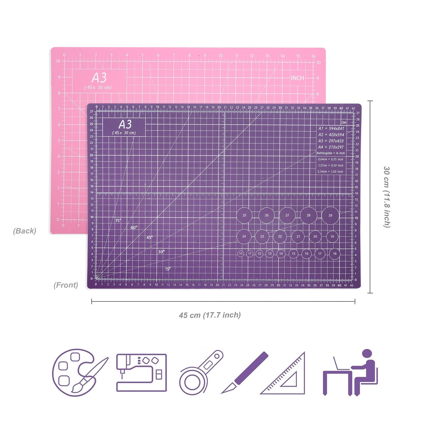 TCAIRG Self Healing Cutting Mat 18 inchx12 inch Non-Slip PVC Double Sided 5-Ply A3 Art Craft Rotating Mat,Sewing Crafts Hobby Fabric Precision Scrapbooking Project(Pink/Purple)