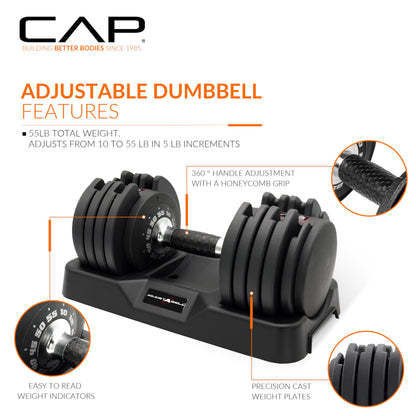 CAP ADJUSTABELL® 55 lb Pair of Adjustable Dumbbells with Contoured Full Rotation Handle, Honeycomb Chrome and Black Handle
