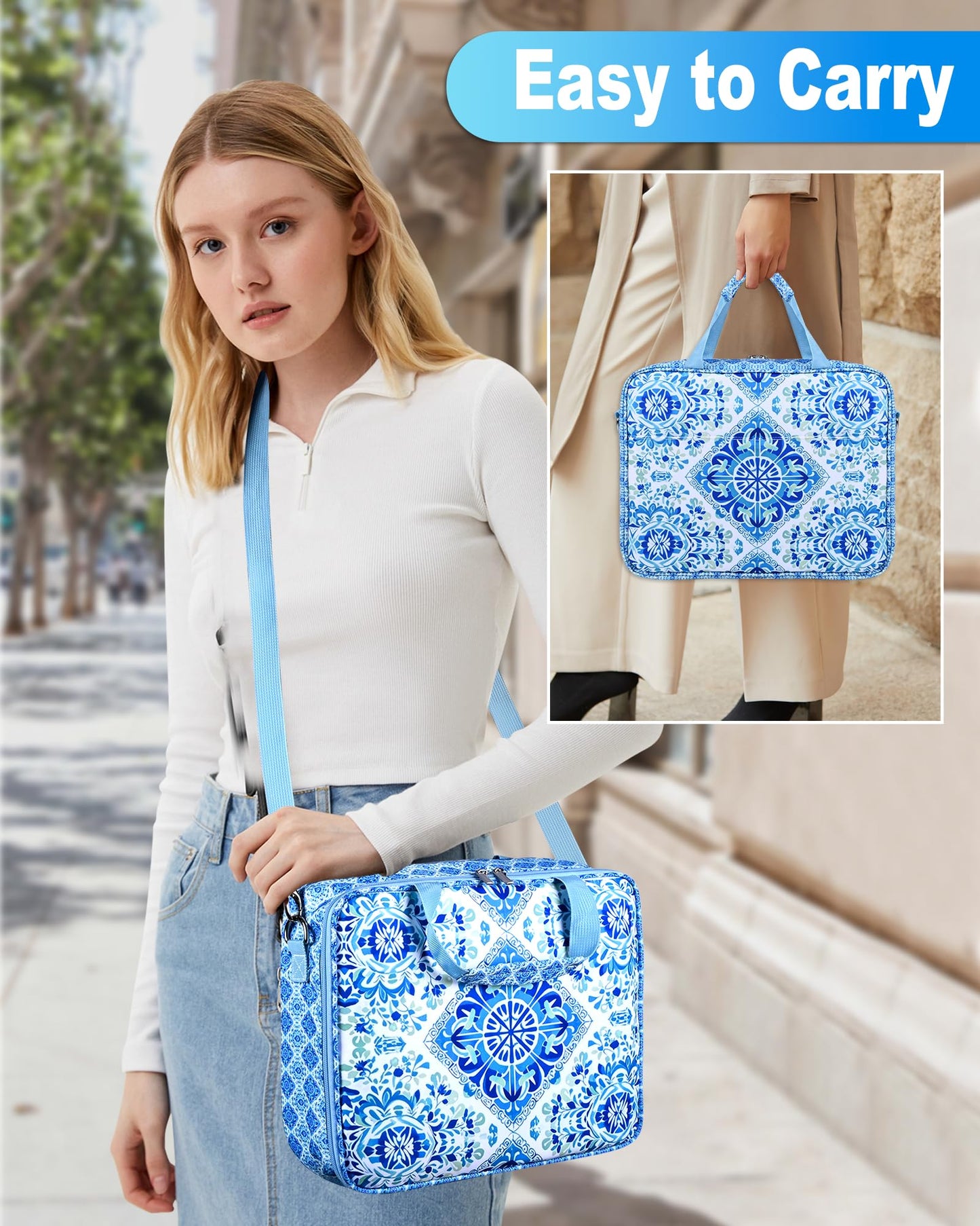 Telawsfun Sewing Supply Storage Bag with Removable Binder, Large Capacity Sewing Organizer Tote With Multi Pocket for Threads, Needles, Scissors, Craft Supplies(Blue Floral)