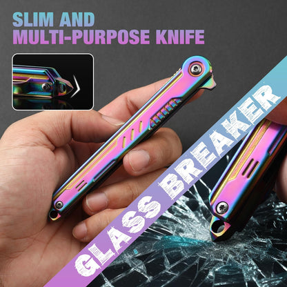 DRACHENADER Tanto Folding Knife for Women and Men, Rainbow Pocket Knife Color Slim Gentleman's Tanto Balde Small EDC Knife for Keychain