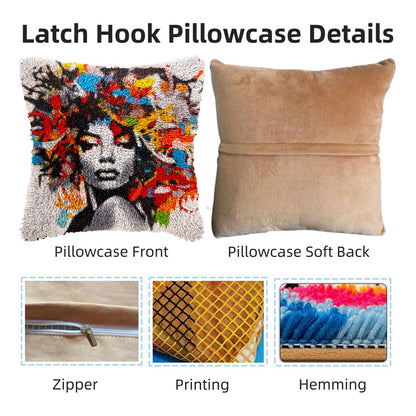 Graffiti Abstract African Woman DIY Latch Hook Pillow Kits for Adults Printed Pillowcase Crochet Yarns Hooking Handmade Pillow Cover Cushion for Home Sofa Decoration 17x17inch(1)