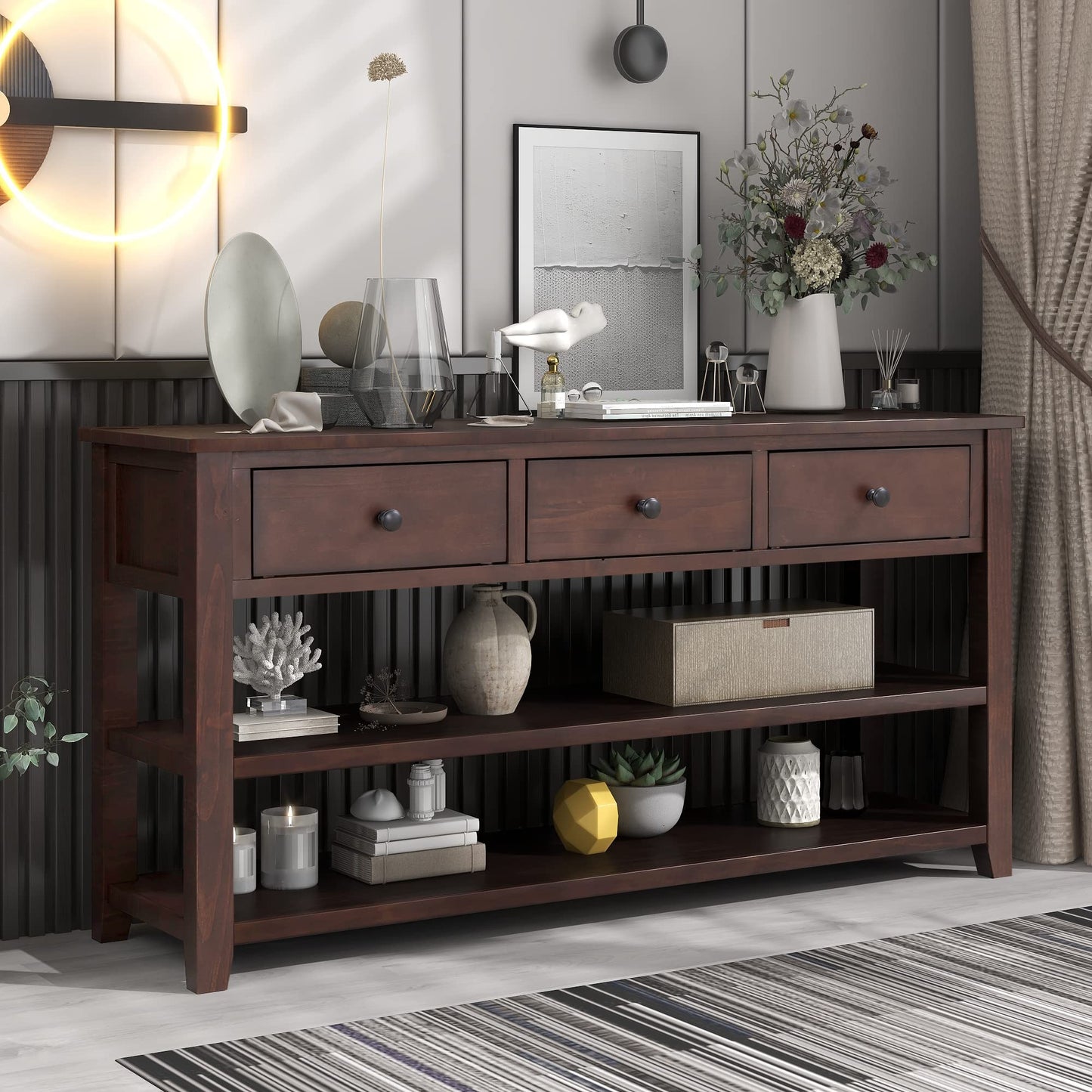 Bellemave Solid Wood Console Table with Drawers, Retro Entryway Table with 3 Drawers and 2 Open Storage Shelves, Narrow Long Sofa Table, Behind Couch Table for Living Room, Foyer and Hallway, Espresso