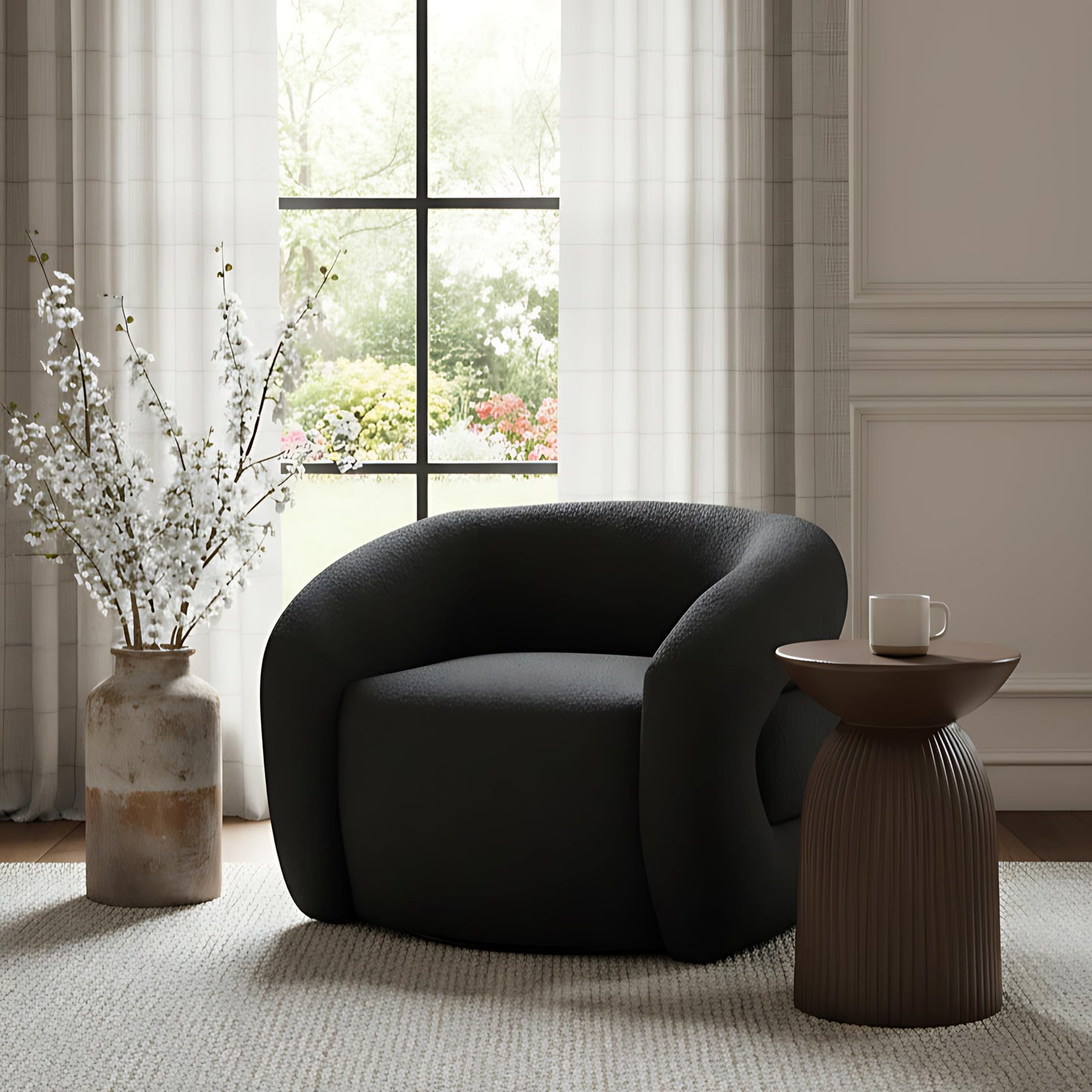 Meridian Furniture 473Black Roxbury Collection Modern | Contemporary Upholstered Swivel Accent Chair with Rich Black Boucle, Tufted Curved Back, Swivel Accent Chair, 33" W x 29.5" D x 28" H, Black