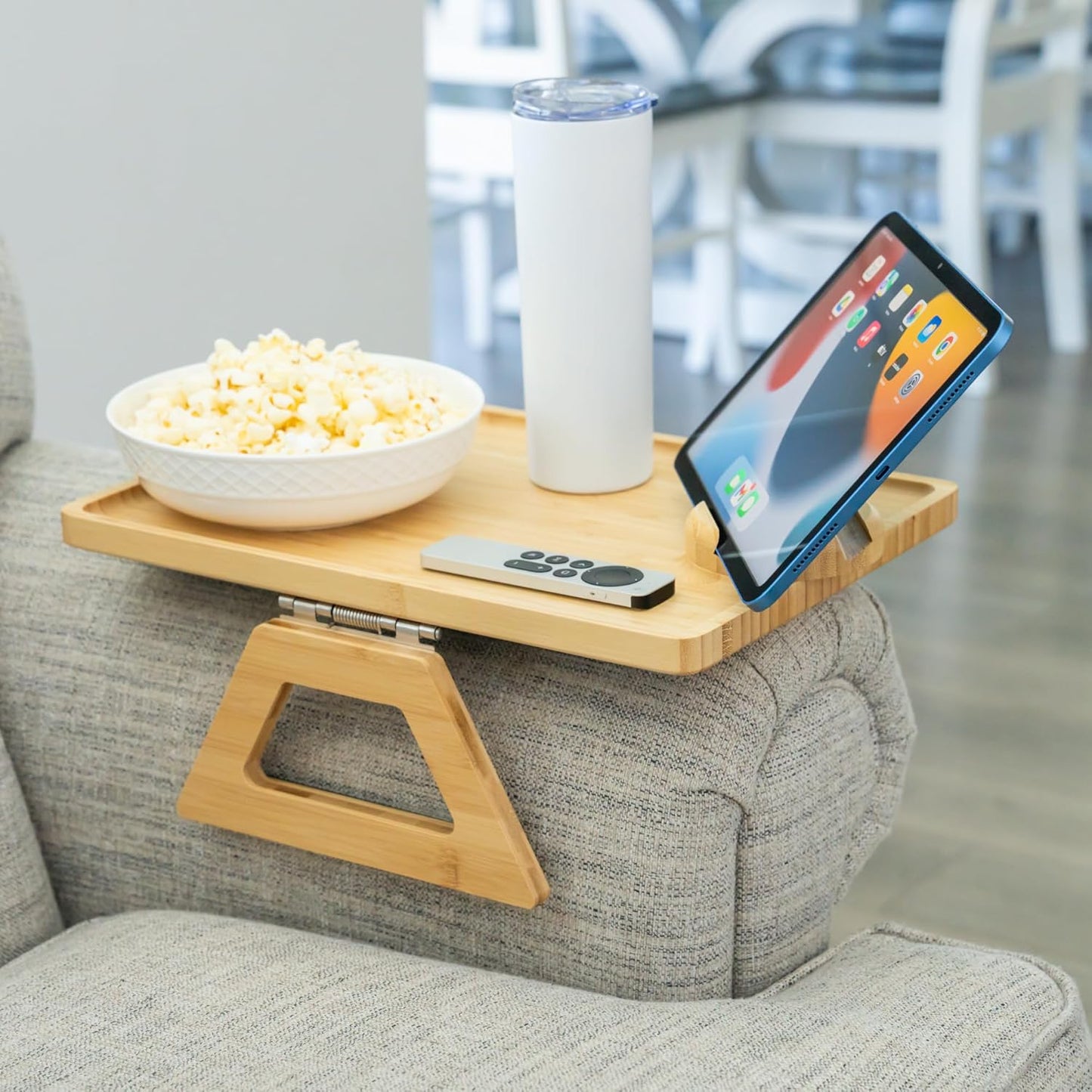 13.75 9.5) Shamrock Home Bamboo Couch Arm Table with Device Holder, Clip On Tray. for TV Dinners, Remotes, Drinks