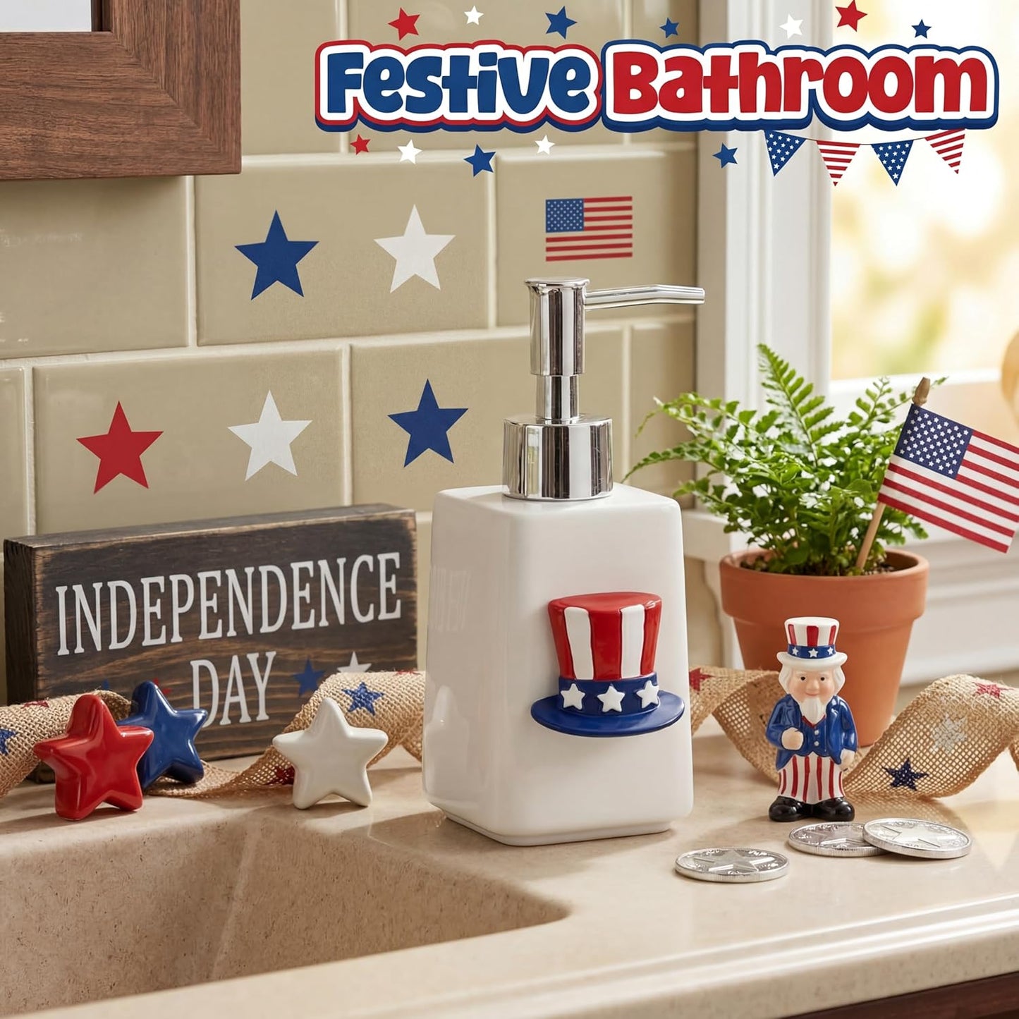 4th Set 9 Gejoy Seasonal Soap Dispenser Patriotic of July Magnetic Interchangeable - Ceramic Hand Soap Dispenser