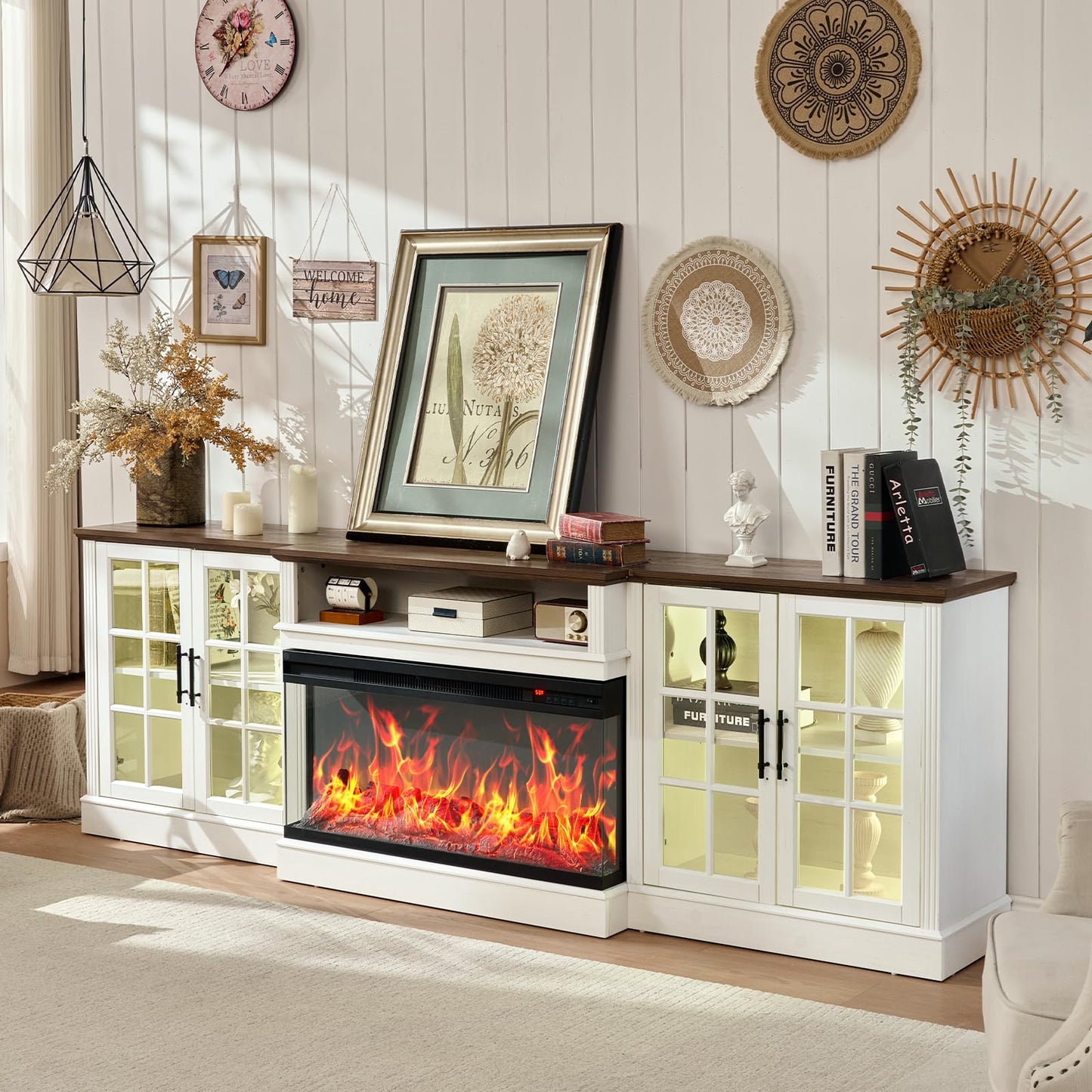 ROCKPOINT 97" Farmhouse Fireplace TV Stand with 3 Sided Glass 36" Electric Fireplace Heater for TVs up to 100", Media Entertainment Center with Adjustable Shelves and Large Storage Cabinets,White