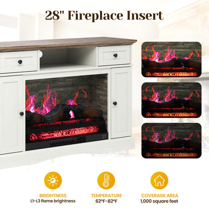 FansaFurn TV Stands with 28'' Electric Fireplace, Media Console Table with Adjustable Shelves & Double-Door, Entertainment Center for TVs up to 55'' for Living Room, White and Rustic Oak