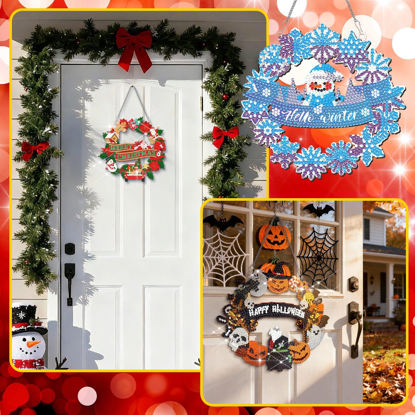 Cinnvoice 12 Pcs Seasonal Diamond Art Wreath Kits Holiday 5d DIY Diamond Painting Signs Germ Hanging Art Ornaments for Wall Door Decorations (Wreath)