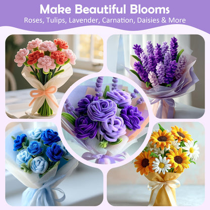 EARLY MINDS 500 Pcs Pipe Cleaners Craft Kit for Flower Making, DIY Bouquet Set with 8mm Chenille Stems, Step-by-Step Tutorial, Floral Wire, Ribbon & Tools for Handmade Gifts and Decor, Purple
