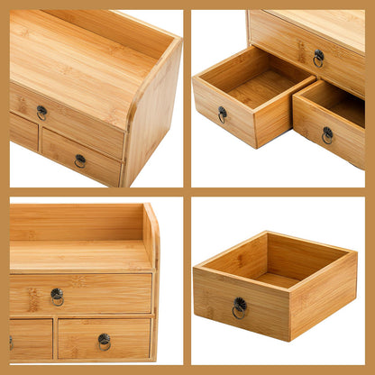 Nicunom Bamboo Desk Organizer, 3-Tier Bamboo Tabletop Storage Organization Multifunctional Desktop Organizer with Drawers for Home Office Toiletries Supplies Vanity