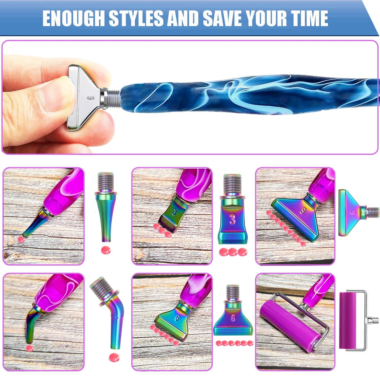 Diamond Art Pens Tools Diamond Painting Pen Accessories Kits with Screw Metal Tip Roller Drill Bead Dot Pens for Art Craft Nail (Blue Pen Silver 6)