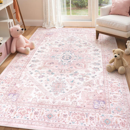 5x7 LIVEBOX Pink Washable Area Rug - Large Vintage Tribal Living Room Non-Slip Indoor Carpet for Bedroom, Low-Pile