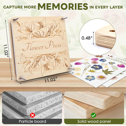 GTQYYF Flower Press Kit 11" x 11" Large Wooden Flower Presser, 10-Layer Flower Pressing Kit for Adults & Teens, DIY Wedding Bouquet Preservation, Dried Flower Art, Pressed Flower & Leaf Crafts