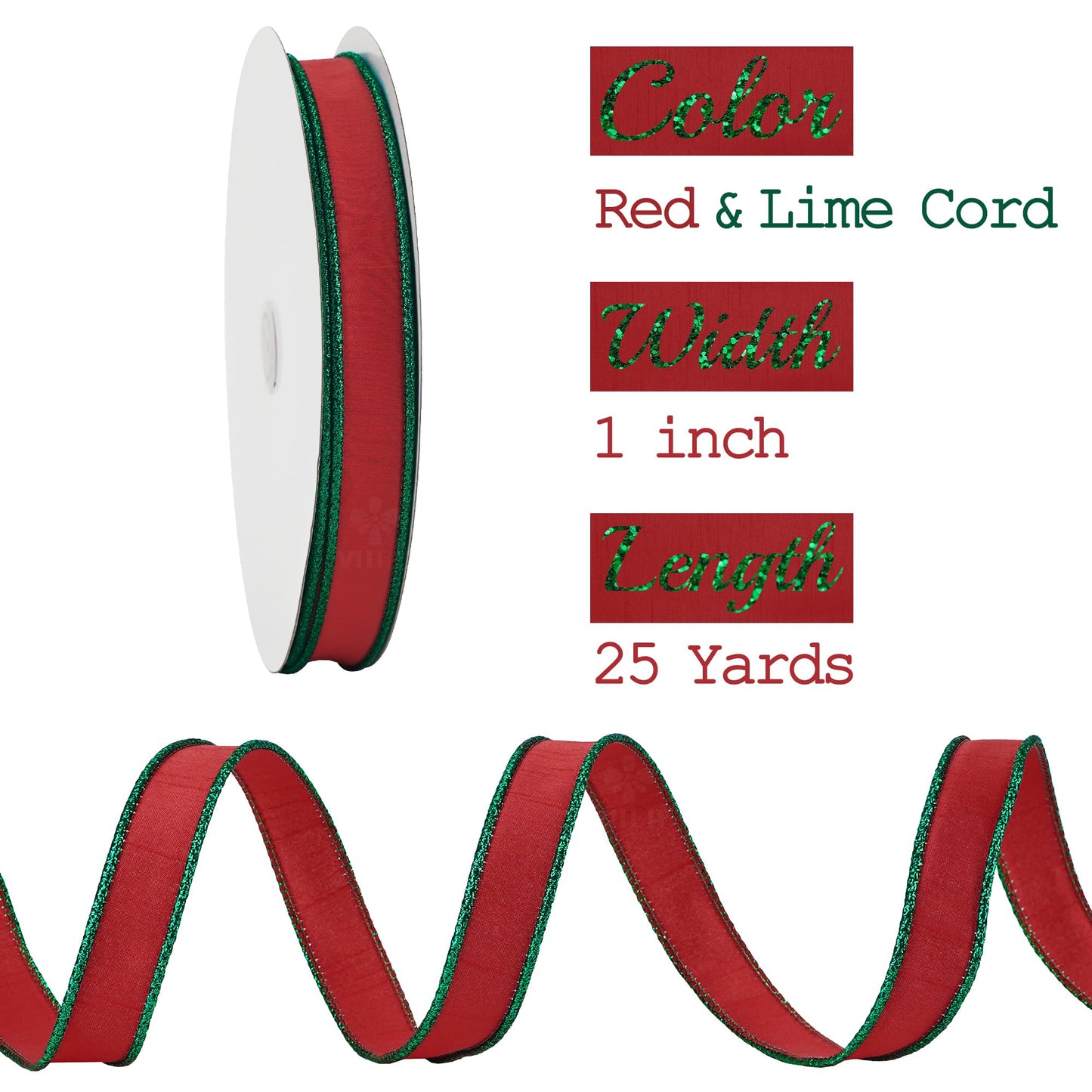 MEEDEE 1 inch Red and Green 2 Tone Christmas Cord Ribbon 25 Yards Faux Dupioni Silk Wired Ribbon for Gift Wrapping, Christmas Tree, Garland, Wreath, Weddings, Centerpiece and Party Décor