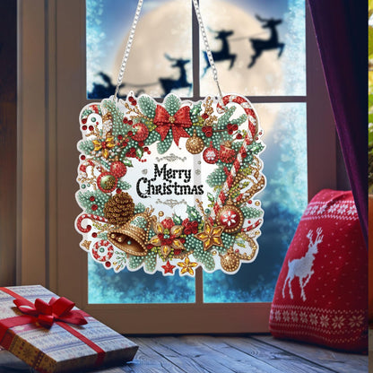 Bowetile Merry Christmas Diamond Art Hanging Wreath Kits for Adults, Diamond Art Suncatchers, 5D Special Shape Diamond Painting Pendant Window Ornament Christmas Gifts for Home Door Wall Decor