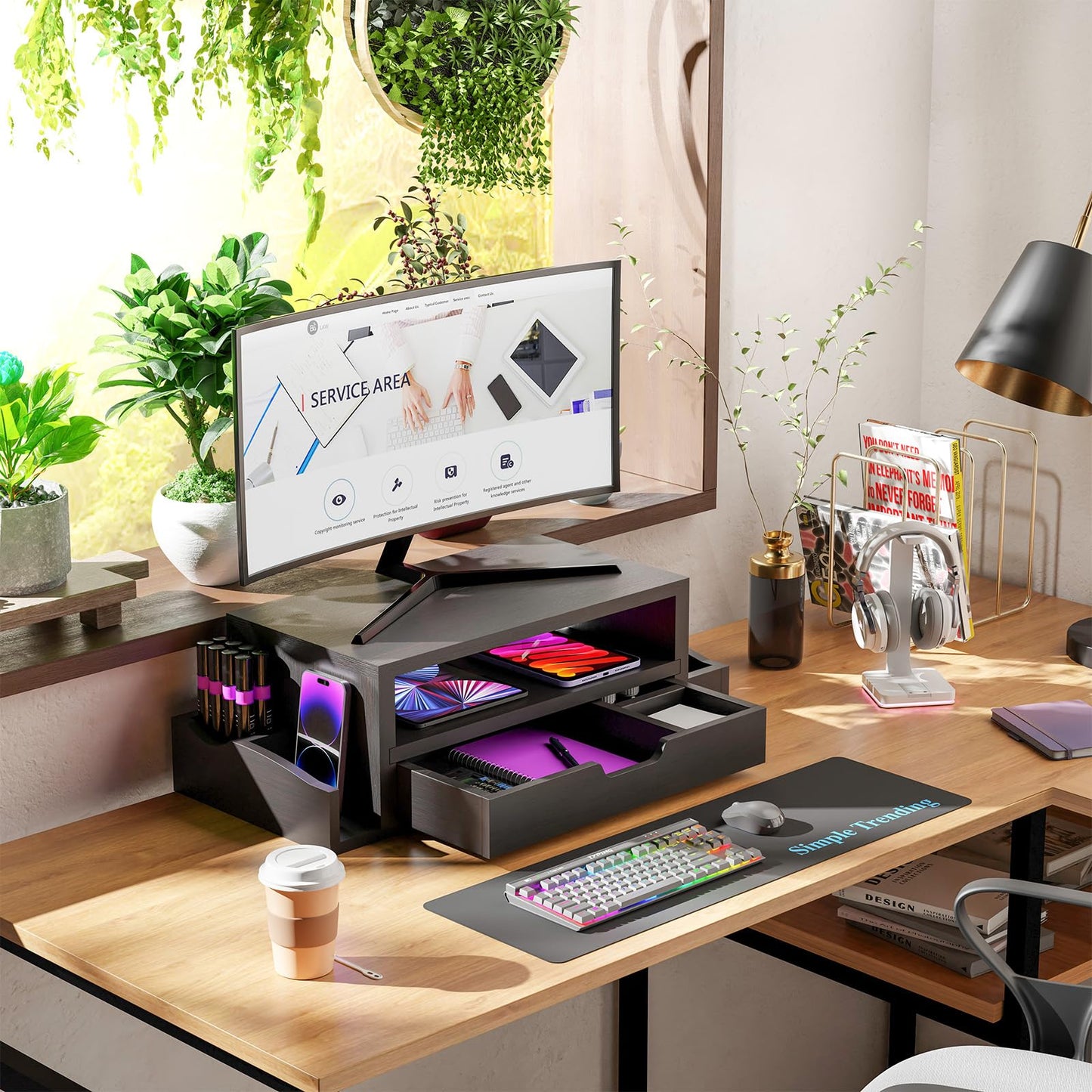 Simple Trending Wood Monitor Stand Riser with Drawer and Pen Holder, Desk Organizer for Home Office, Black