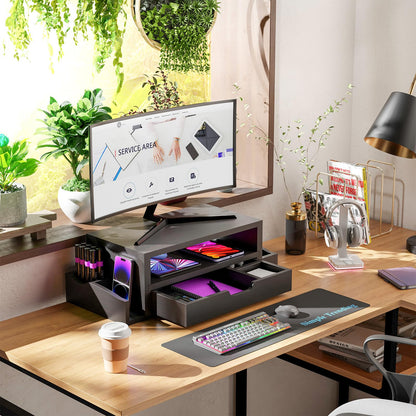 Simple Trending Wood Monitor Stand Riser with Drawer and Pen Holder, Desk Organizer for Home Office, Black