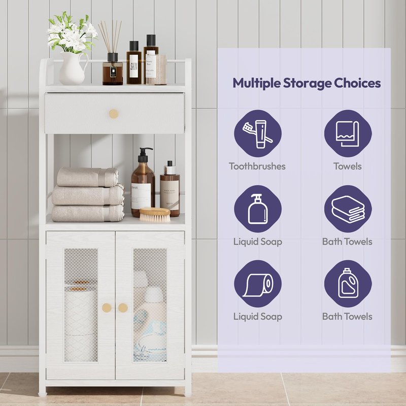 SWTYMIKI 14.57"x32.28" Bathroom Storage Cabinet – Freestanding Toilet Paper Storage with Doors & Drawer, Bathroom Organizers and Storage for Small Spaces, Laundry Room, Ideal for Towels, White